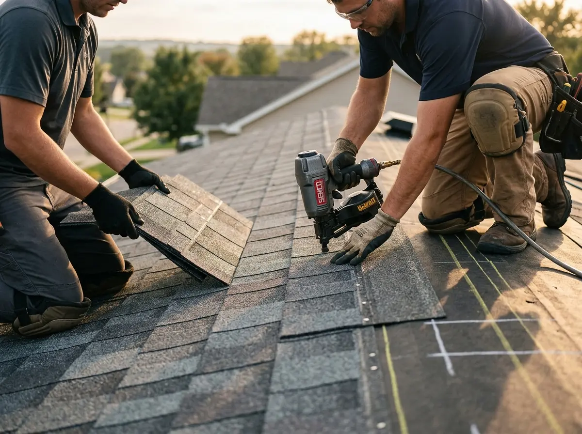Professional roofer working on a residential roof in East Ridge